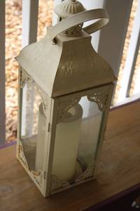 lot 25 image: Vintage Cream Metal and Glass Lantern with Candle
