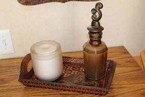lot 40 image: Decorative Tray with Scented Candle and Vintage Style Bottle