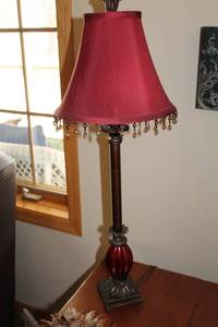 lot 45 image: Decorative Table Lamp with Red Shade and Beaded Trim