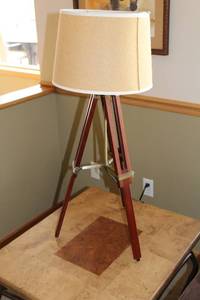lot 55 image: Mid-Century Style Tripod Floor Lamp with Burlap Shade