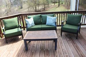 lot A-62 image: Outdoor Patio Furniture Set with Loveseat, Armchairs, and Coffee Table