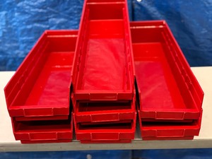 lot 21 image: Lot of 7 NEW Akro Bins ToolsParts&nbspOrganizer Trays -&nbspNest to save storage space,&nbspMolded label holder to identify contents,&nbspRear notch allows bins to slide & hang open on Shelf Bin Organizers