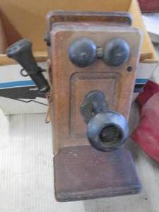 lot 34 image: Antique wood wall-mount telephone (...