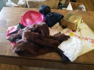 lot 32 image: Vintage Hats, Mink Stol, Purse, Ear Muffs and Scarfs