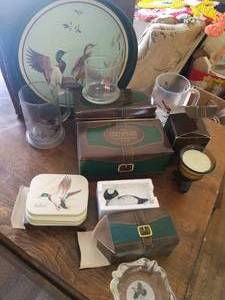 lot 37 image: Avon Chesapeake Collection, Metal Tray, 4-Glasses, 2 Mugs, Coasters and Candle