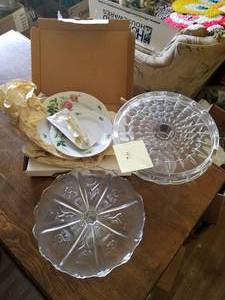 lot 46 image: 2- Glass Cake Plates and 2 Tier Tray