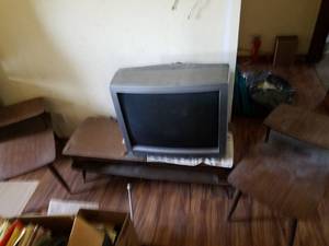 lot 135 image: 3 Piece MCM End Table and Coffee table Set with TV