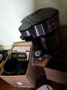 lot 222 image: Hamilton Beach Coffee Maker and Box of Misc Coffee Pots