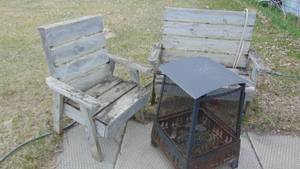 lot 281 image: Wood Bench and Chair with Metal Fire Pit
