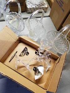 lot 321 image: NOS Princess House Crystal, 3-Glass Baskets and 2 Sets of #038 Candleholders