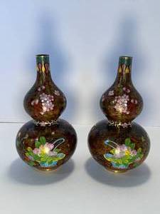 lot 100 image: Pair of Enamal Brass Vases