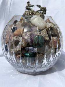 lot 42 image: Crystal Bowl, With Prospector Pulling His Mule Up The Mountain Of Beautiful Rocks, Such As Amethyst, Malachite, Tigers Eye, Red Jasper, Falcons Eye, Pyrite, Petrified Wood, Botswana Agate, Lapis Lazuli, Geodes, and many more. 