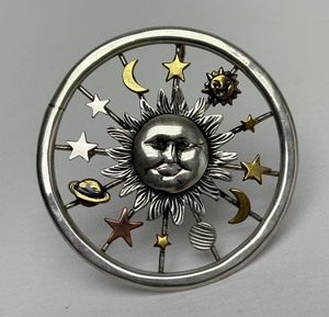 lot 9 image: Very Nice Large Signed Sterling Silver Sun Face Moon & Stars Brooch Pendant - Signed Courtney