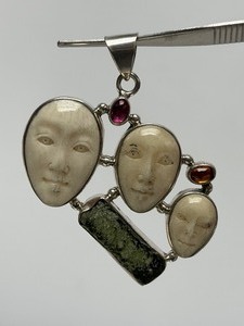 Lovely 3-Face Sterling Silver Carved Bone Pendant w/Pink &amp; Amber Gemstones