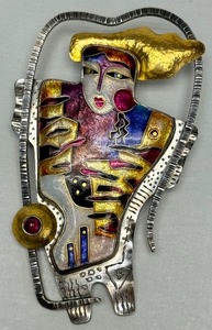 lot 11 image: Outstanding Signed Modernist Sterling Silver 22K Gold & Enamel Brooch Pendant by Celiane & Ronald Dunetz