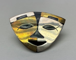 lot 12 image: Vintage Signed Southwestern Sterling Silver MaskFace Brooch - Metales Casados
