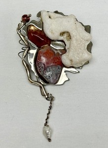 lot 15 image: Sculptural Signed Sterling Silver Brooch wBeautiful Agate Pearl & Other Stones