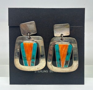 lot 24 image: Quality Southwestern Vintage Inlaid Sterling Silver Earring Set wTurquoise & Coral