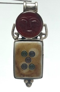 lot 49 image: Very Cool Bone & Sterling Silver Pendant wCarved Carnelian Face