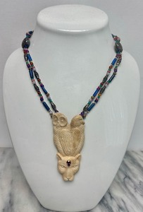 Beautiful LARGE Carved Bone Jeweled Jaguar / Owl / Eagle Pendant Necklace by Susan Tereba