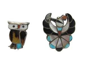 lot 18 image: 2 Smaller Vintage Inlaid Zuni Sterling Bird Brooches wOwl