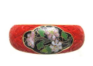 lot 65 image: Vintage Carved Cinnabar & Cloisonn Enamel Brass Bracelet 