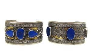 lot 66 image: Two Old Vintage Middle Eastern Afghan or Kazakh Ornate Bracelets wLapis