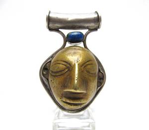 lot 73 image: Large Vintage Tribal Bronze Face Pendant wGenuine Silver & Lapis 