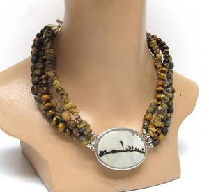 lot 78 image: Large Paintbrush Jasper & Sterling Silver Pendant Necklace wClustered Jasper & Tiger Eye Strands