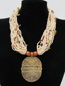 lot 82 image: Large Tribal Bronze MedallionPendant on Beautiful Multi-Strand Genuine Pearl Necklace 