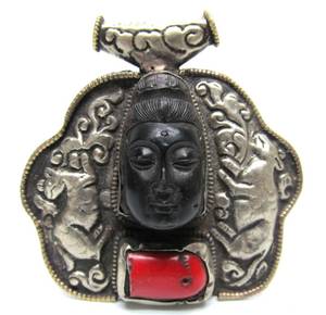 lot 90 image: Vintage Silver & Hand Carved Buddha Head Pendant wRed Coral