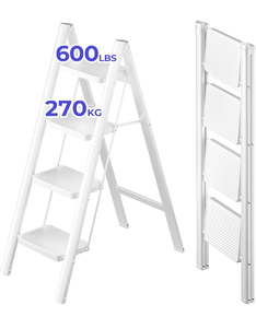lot 124 image: Brand New Joiscope 4 Folding Step Ladder White Anti Slip Sturdy Steel 600lb Limit $57.99 Retail