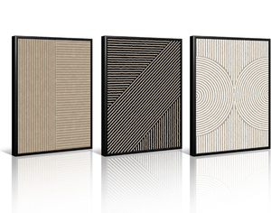 lot 132 image: Brand New Boho Modern Wall Art Pictures Neutral Abstract Canvas Wall Decor 16x24x3 Inch Set of 3 $59.99 Retail