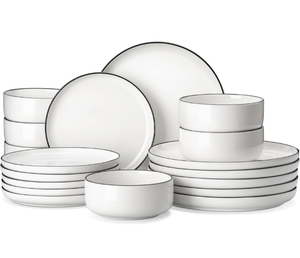 lot 156 image: Brand New Malacasa Plates and Bowls Sets 18pcs Modern Porcelain Dinnerware Set White With Black Rings $95.99 Retail