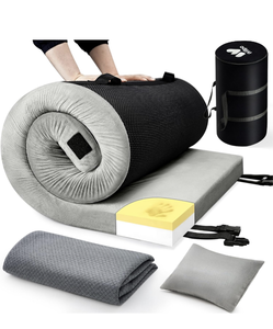 lot 182 image: Brand New Willpo CertiPUR US Memory Foam Camping Mattress with Travel Back Gray Kids 63x26 $80.74 Retail