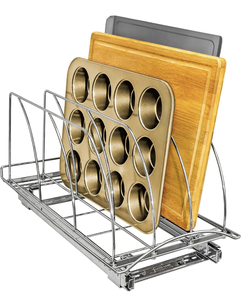 lot 192 image: Brand New LYNK Professional Pull Out Cutting Board, Cookie Sheet and Baking Pan Organizer Rack 10x21x9.6 $59.80 Retail