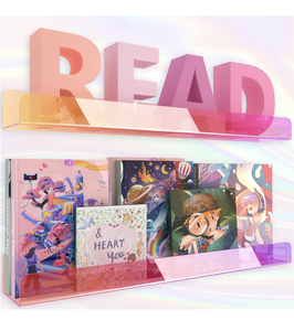 lot 201 image: Brand New Rorkim 24 Iridescent Acrylic Bookshelf, Wall Mounted Display for Kids Room, Nursery, Toddler, Classroom 2pk