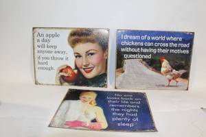 lot 5 image: Set of 3 Retro Humor Metal Signs