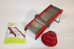 lot 7 image: Adjustable Red Mandoline Slicer with Safety Holder