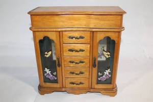lot A-57 image: Vintage Wooden Jewelry Box with Floral Glass Doors
