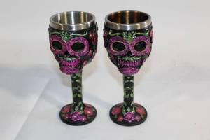 lot 75 image: Pair of Decorative Skull Chalice Goblets with Floral Design