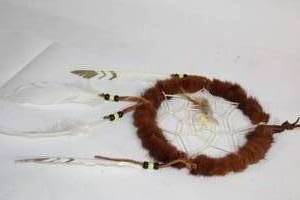 lot 91 image: Handcrafted Dreamcatcher with Brown Fur and White Feathers