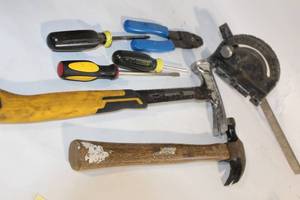 lot 121 image: Assorted Hand Tools Set with Screwdrivers, Hammers, and Pipe Wrench