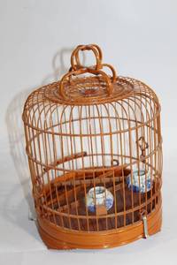 lot 147 image: Vintage Wooden Bird Cage with Porcelain Feeding Cups
