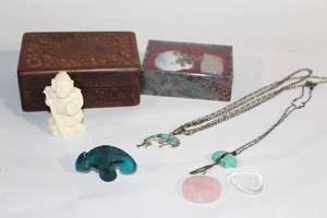 lot A-193 image: Collection of Handmade Jewelry, Carved Box, and Decorative Items
