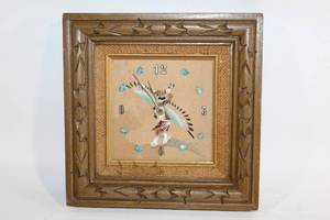 lot 198 image: Vintage Wooden Framed Wall Clock with Native American Design