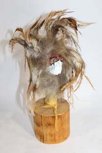 lot 203 image: Unique Handcrafted Native American Inspired Feathered Mask on Wooden Stand