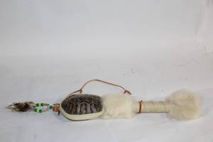 lot 207 image: Decorative Turtle Shell Rattle with Fur and Beaded Handle