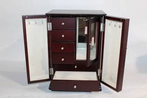 lot 213 image: Cherry Finish Jewelry Armoire with Side Doors and Mirror