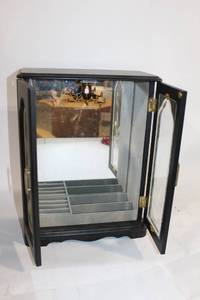 lot 214 image: Black Wooden Jewelry Display Cabinet with Mirrored Interior